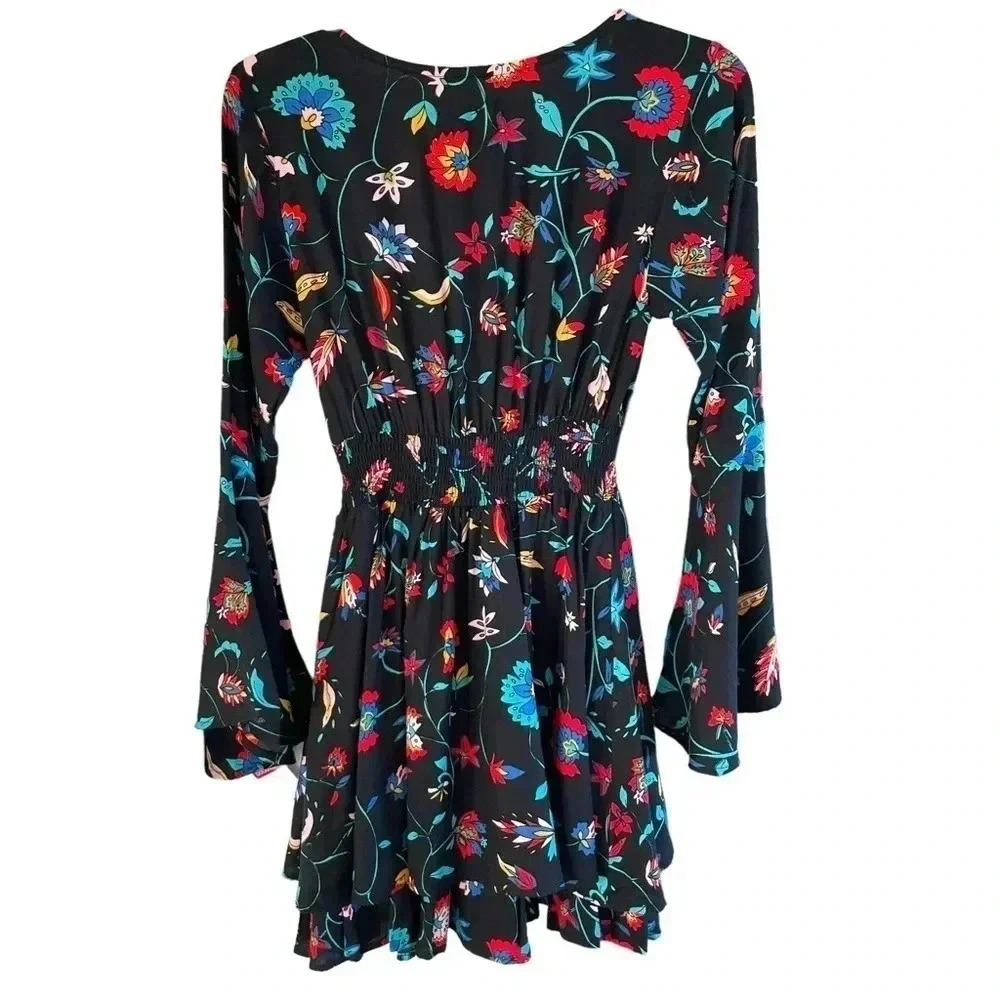 Cleobella Mini Dress Black Floral Ruffles Long Sleeves NWT - Picture 5 of 7